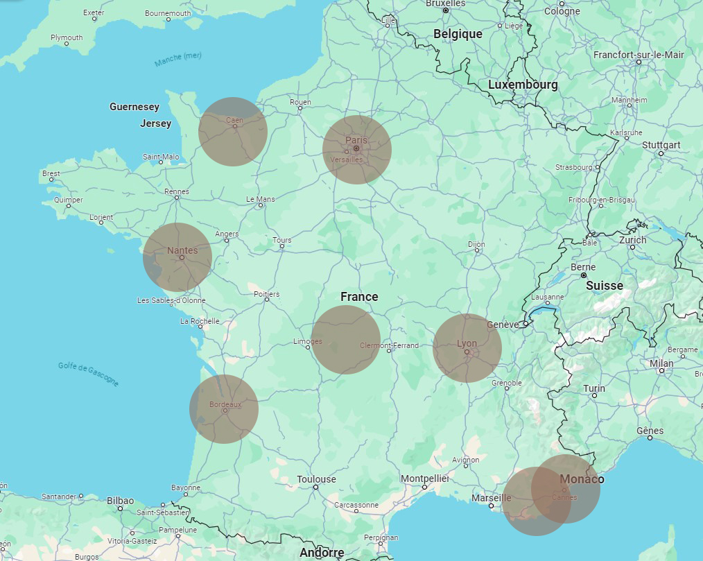 Zones d'intervention autour de nos ateliers de Nantes, Caen, Bordeaux, Paris, Aubusson, Lyon, Nice et Cannes